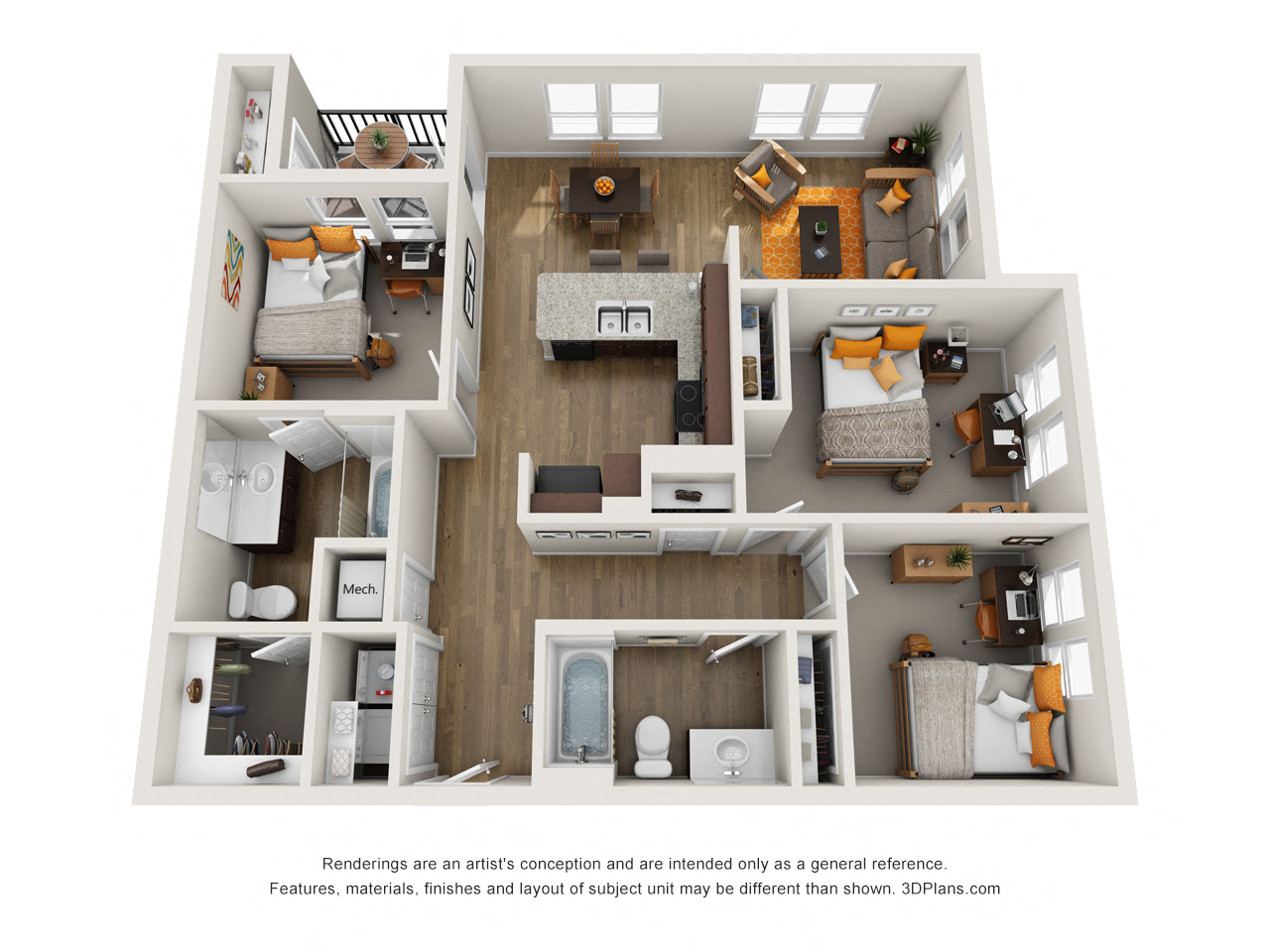 Floor plan for 3 beds, 2 baths, 1122 sqft